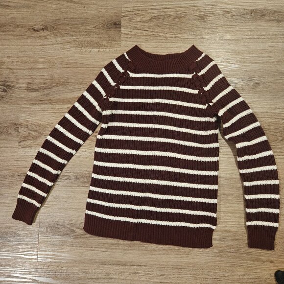 SO Maroon and White Striped Sweater with Criss Cross Shoulders - Picture 3 of 3
